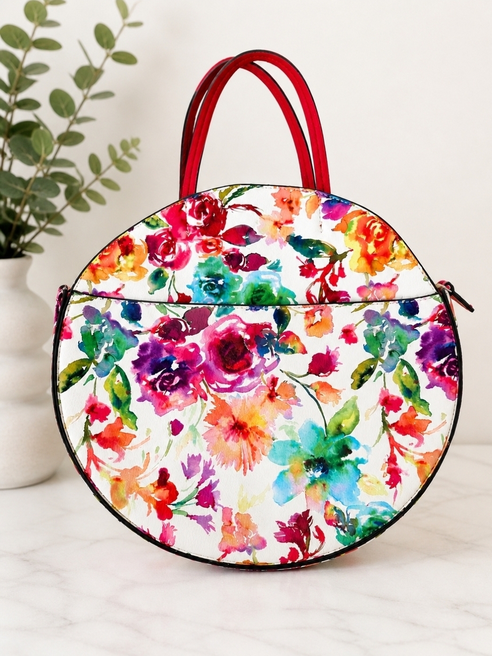 Round Floral Watercolor Tote Bag - White Multicolor with Red Handles